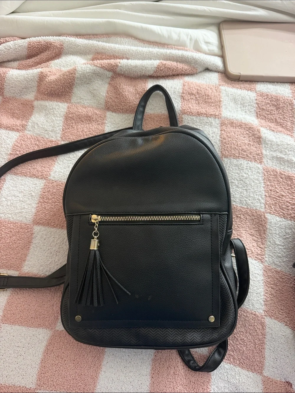 Black Faux Leather Tassel Front-Zip Women's Backpack